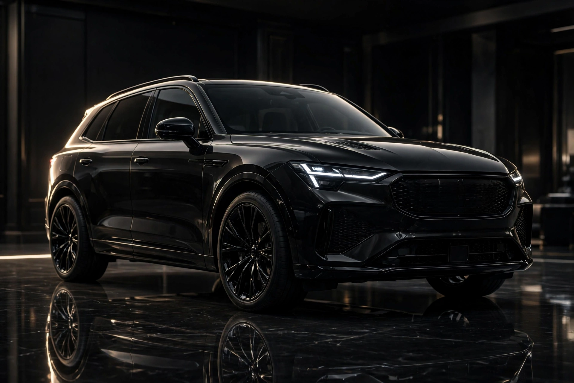 Black luxury SUV in a dark showroom for lead generation for luxury automotive brands in Dubai